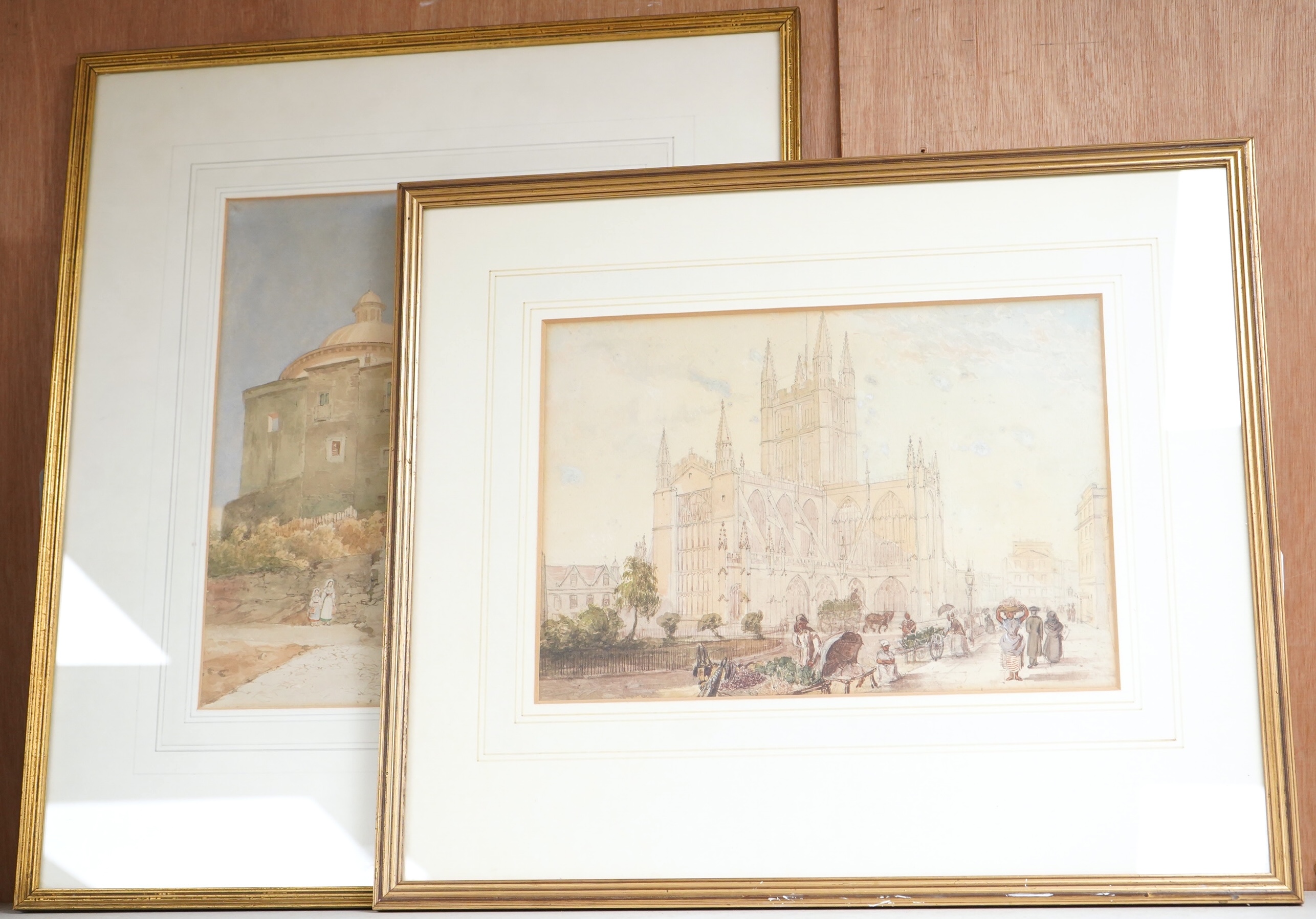 Victorian School, Street scene with cathedral and figures, unsigned, watercolour together with another watercolour of Italian church and figures, largest 30 x 24